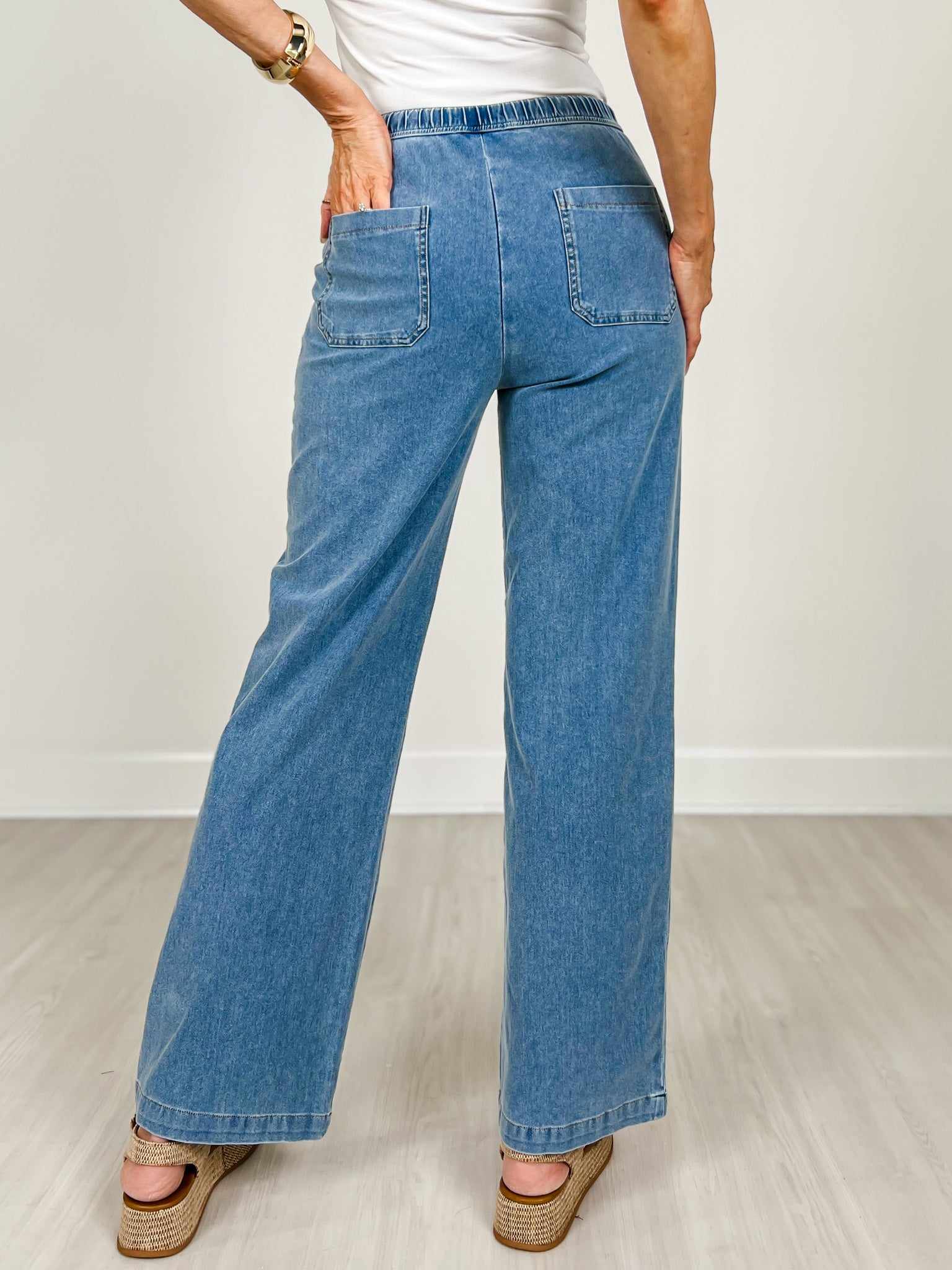 Knit Denim Wide Leg Pull On Pants
