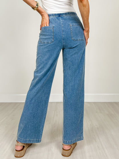 Knit Denim Wide Leg Pull On Pants