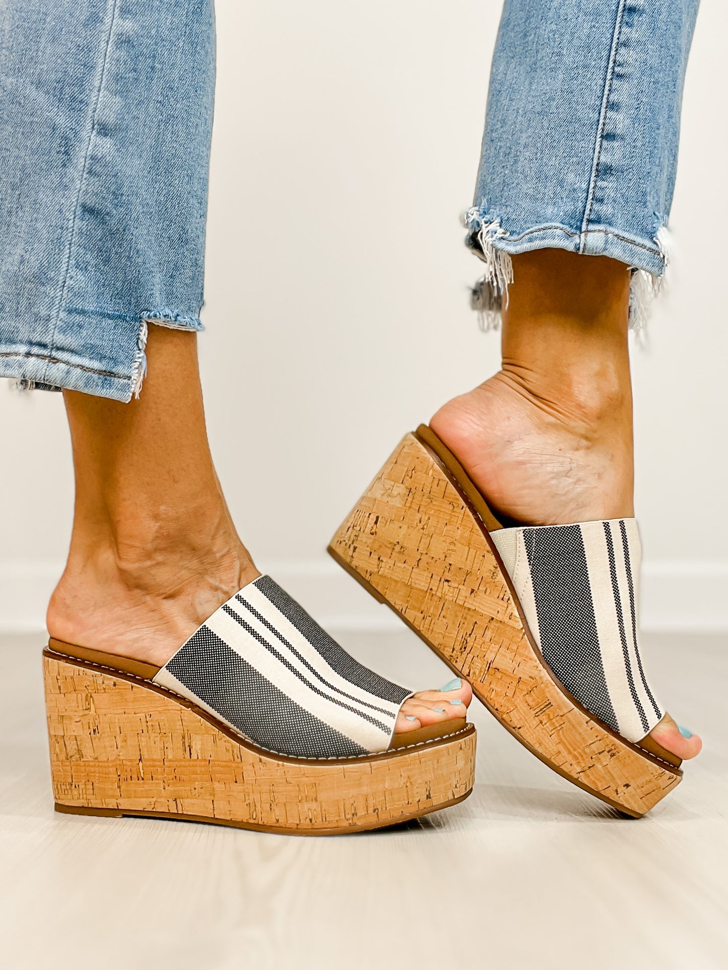 Corkys Mugshot Slip-On Wedges in  Black Natural Stripe 2