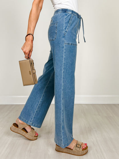 Knit Denim Wide Leg Pull On Pants