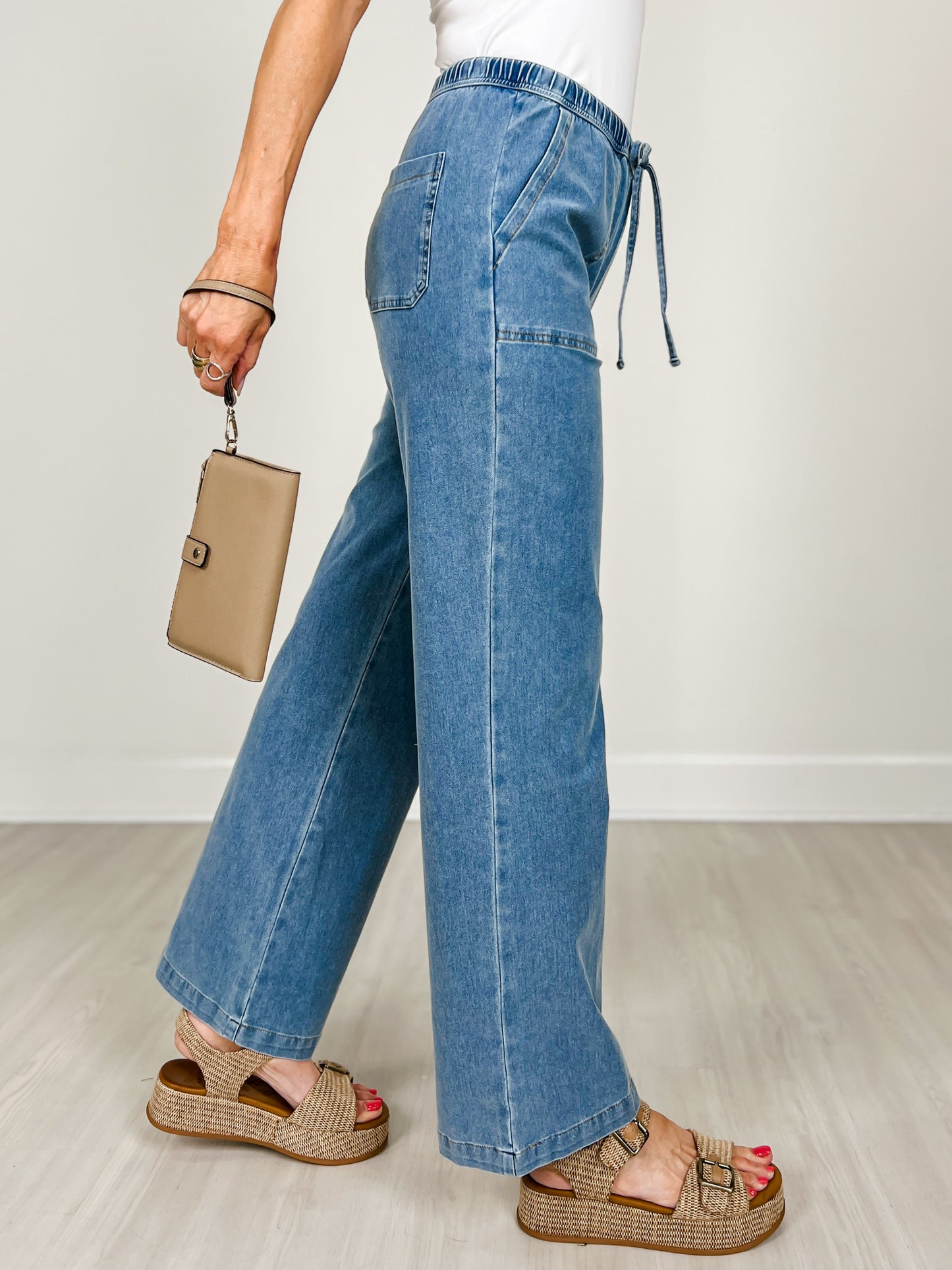 Knit Denim Wide Leg Pull On Pants