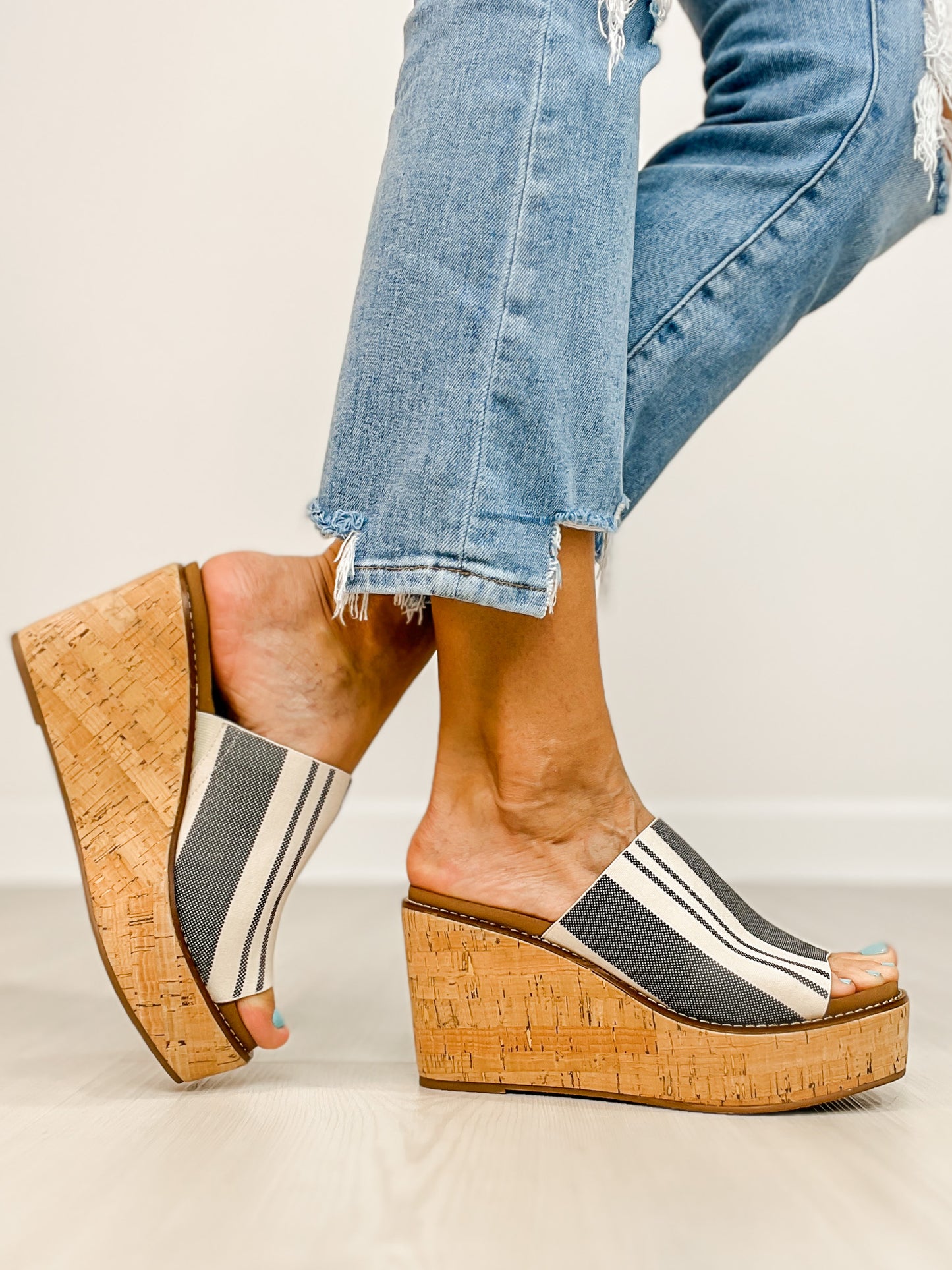 Corkys Mugshot Slip-On Wedges in  Black Natural Stripe 2