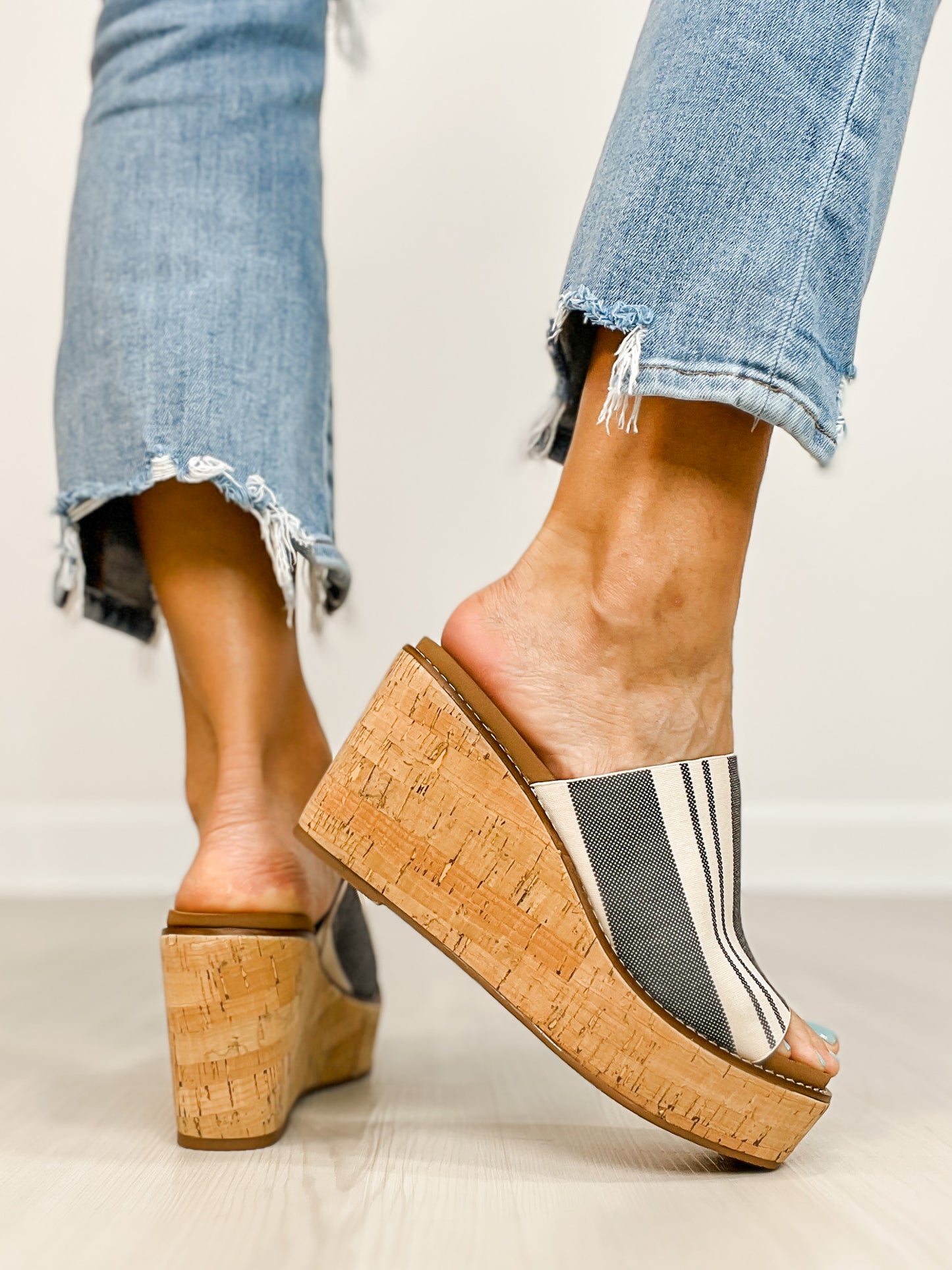 Corkys Mugshot Slip-On Wedges in  Black Natural Stripe 2
