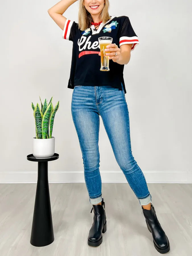Floral Patch And Lace Short Sleeve V-Neck Top