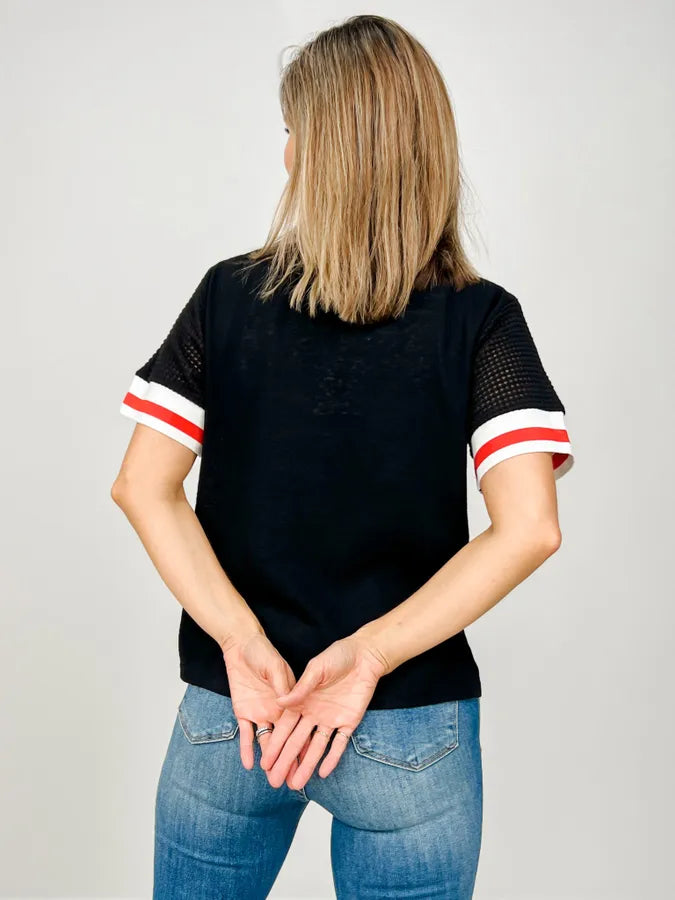 Floral Patch And Lace Short Sleeve V-Neck Top