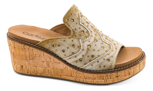 Corkys Neon Moon Cork Wedges in Tan Washed Denim Rhinestone