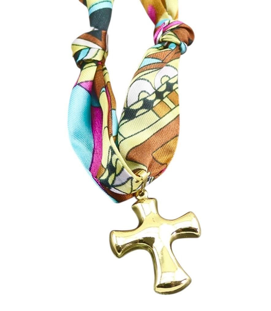 Silk Scarf necklace with Cross Charm