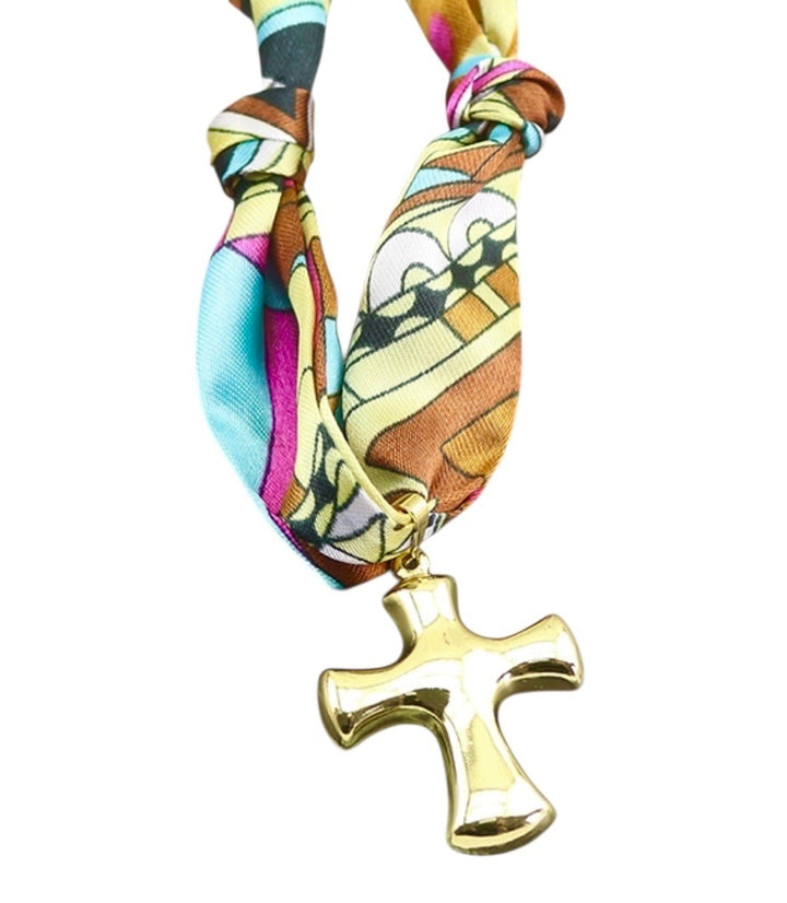 Silk Scarf necklace with Cross Charm