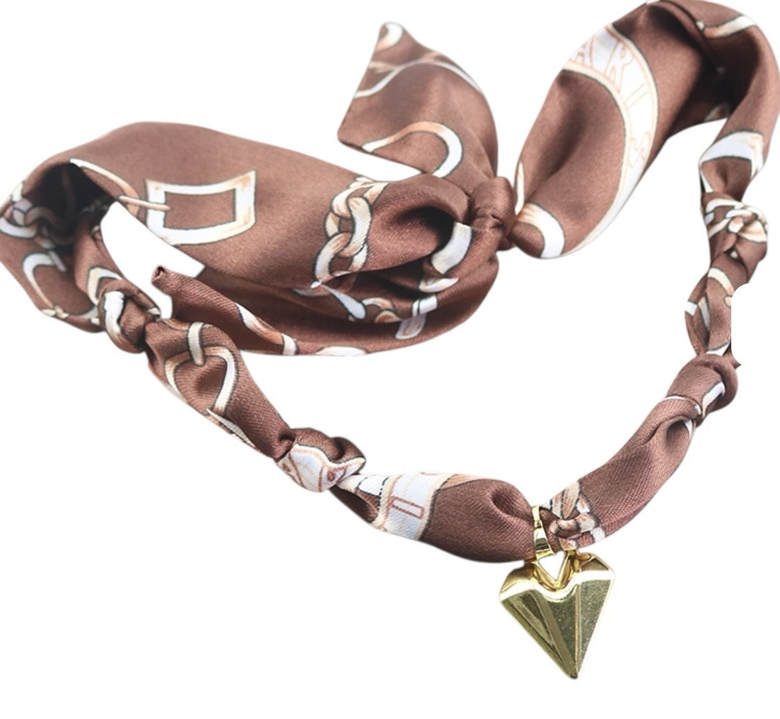 Silk Brown Scarf necklace with Heart Charm