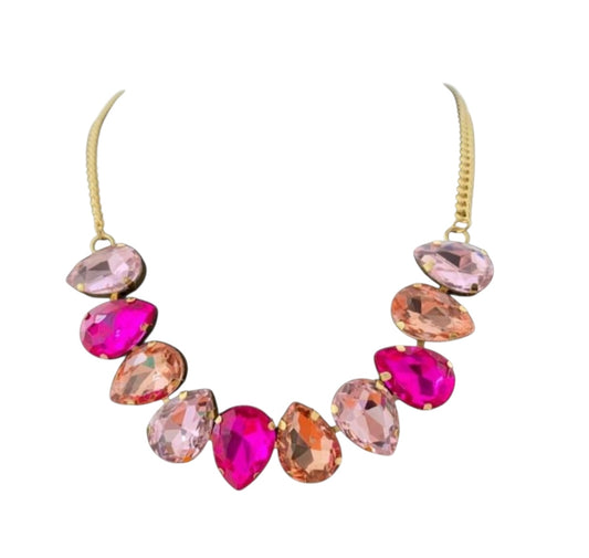 Statement Glass bead Necklace - Hot Pink