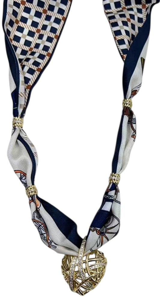 White/Black/Brown Scarf Necklace with Birdcage Heart Charm