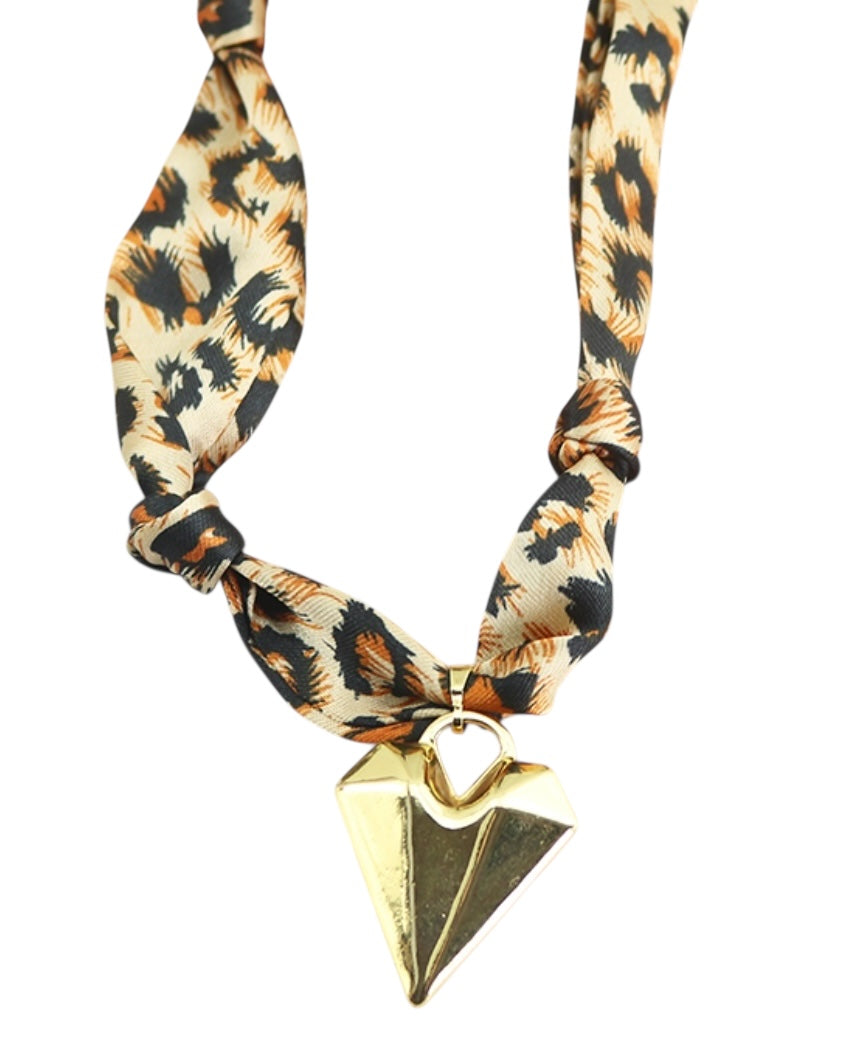 Brown Cheetah Scarf Necklace with Gold Heart