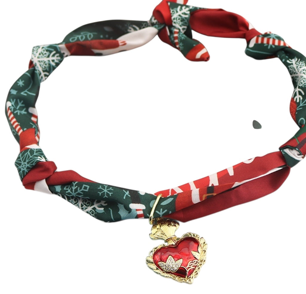Green / Red Scarf Necklace with Red Heart