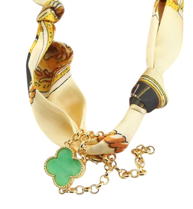Silk Cream Scarf necklace with Green Charm
