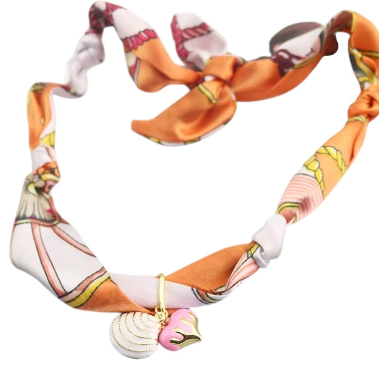 Coral Scarf Necklace with Shell & Heart Enamel Charm