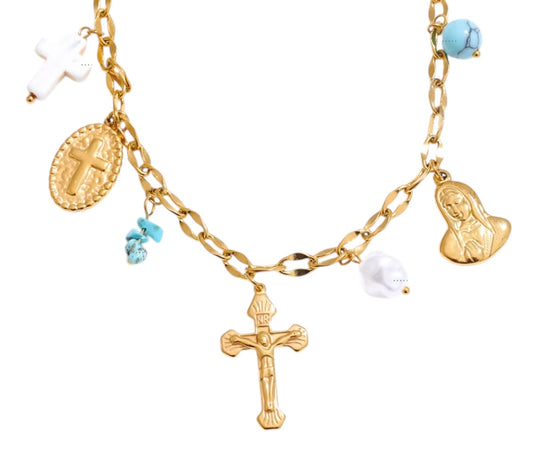 Turquoise Pearl & Cross Necklace