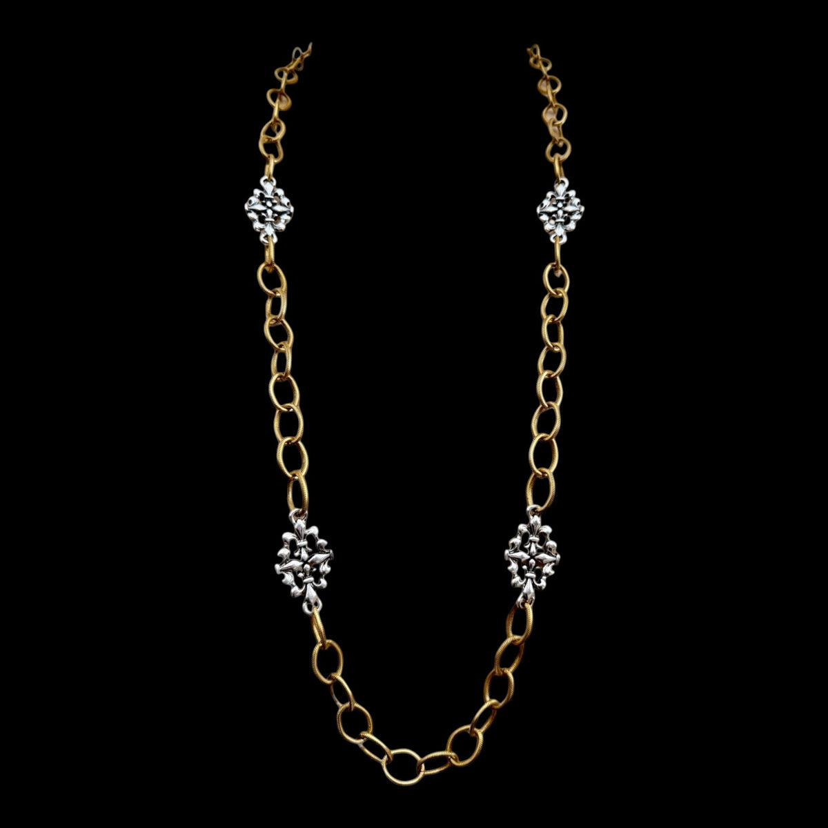 Mixed Metal Sterling & Gold Plated 36" Chain with Vintage Reproduction Fleur De Lis Accents