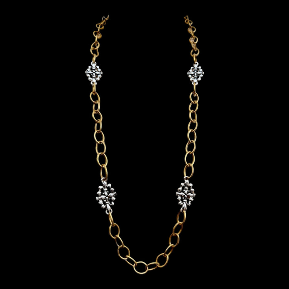 Mixed Metal Sterling & Gold Plated 36" Chain with Vintage Reproduction Fleur De Lis Accents