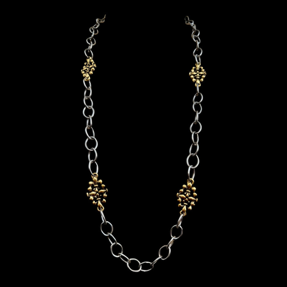 Mixed Metal Sterling & Gold Plated 36" Chain with Vintage Reproduction Fleur De Lis Accents