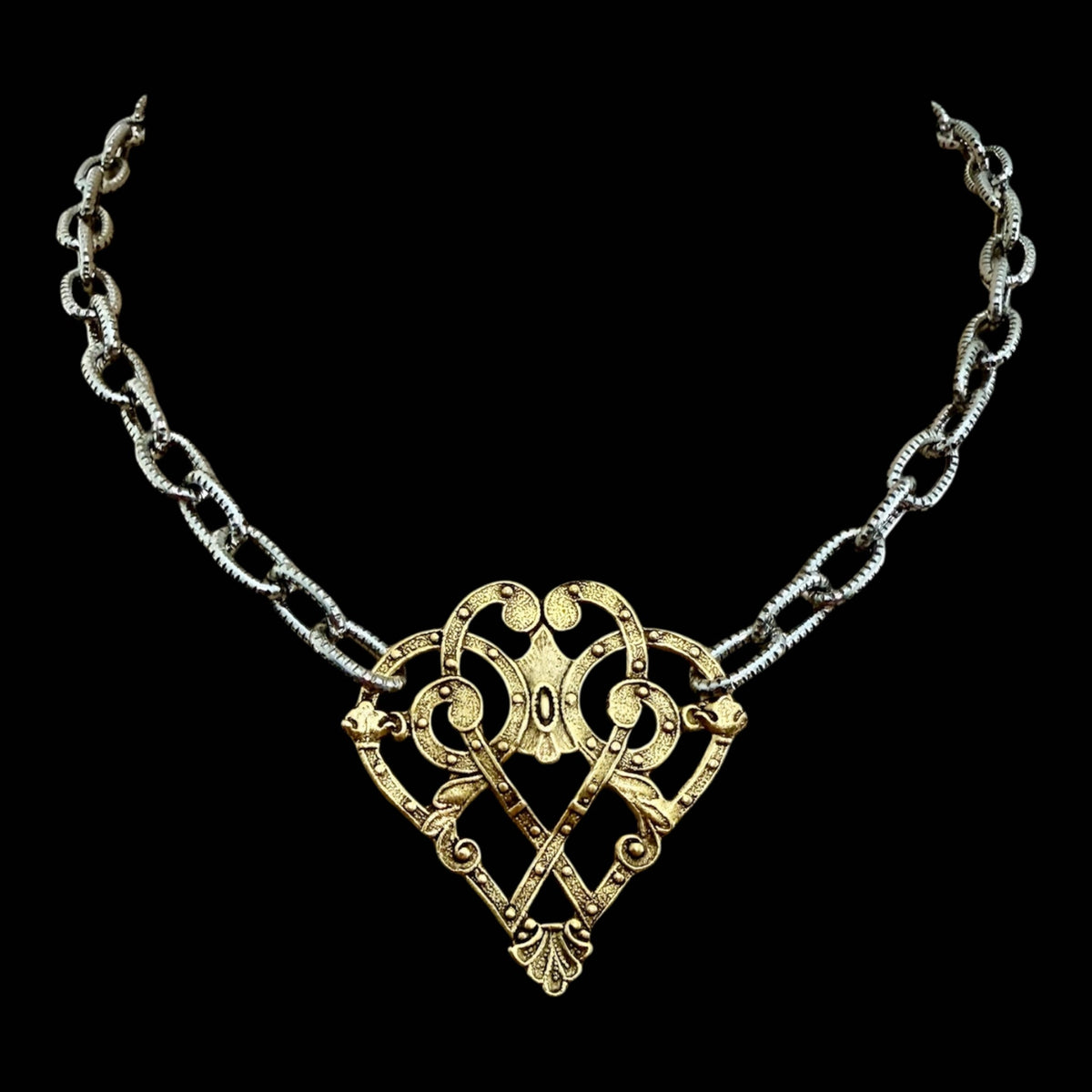 Mixed Metal Sterling and Gold Plated 17" Chain with Vintage Reproduction Scroll Heart