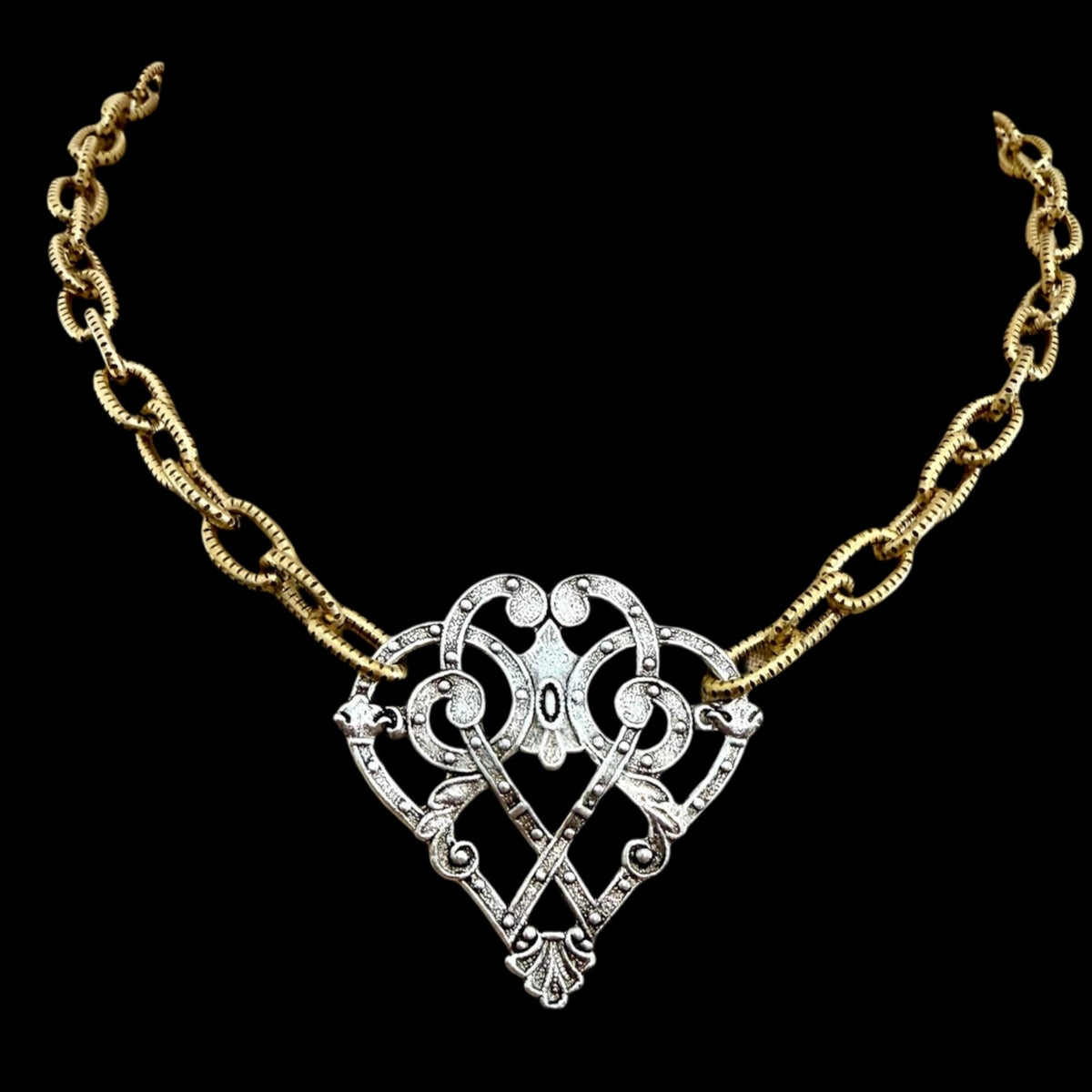 Mixed Metal Sterling and Gold Plated 17" Chain with Vintage Reproduction Scroll Heart