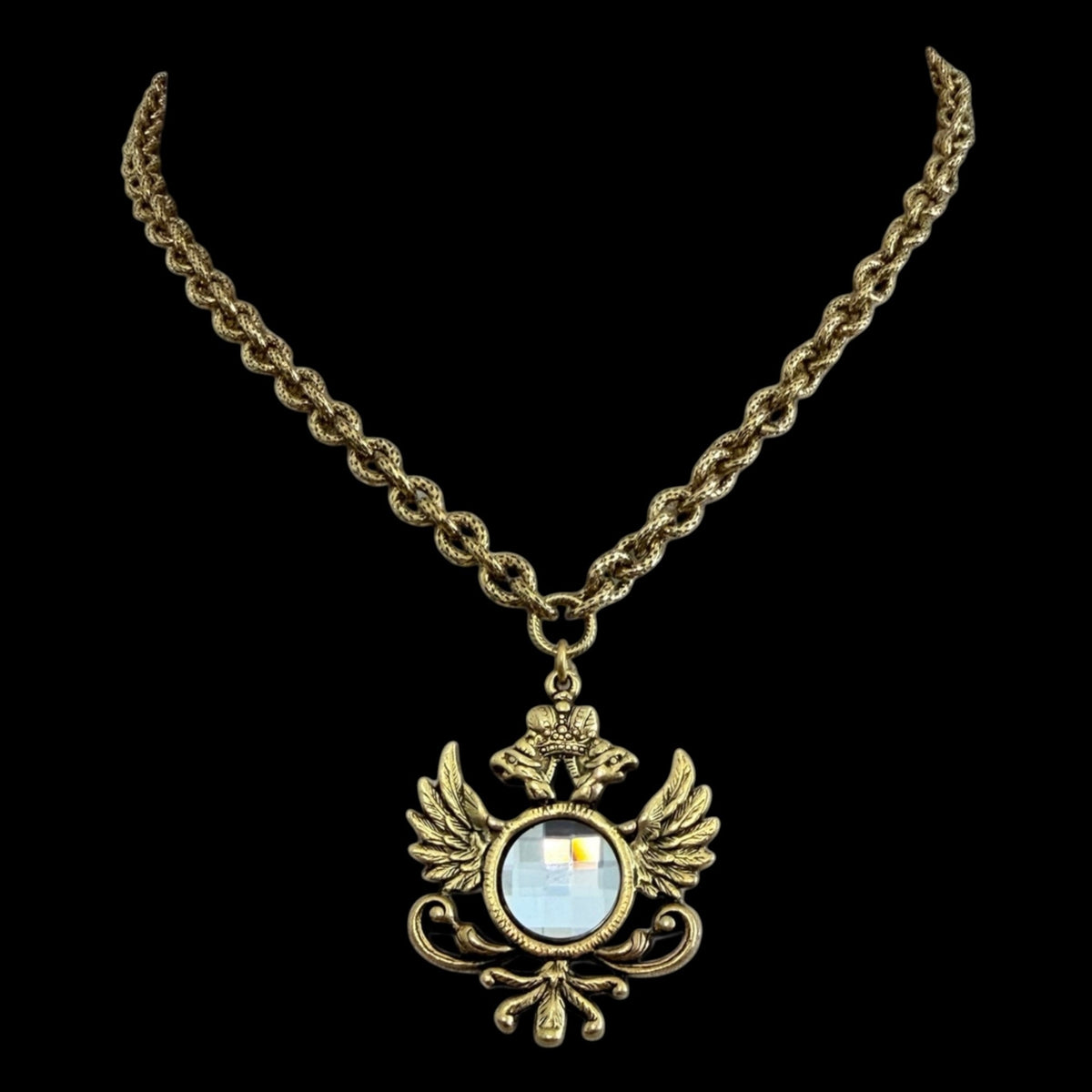 Gold plated 17" Chain with reproduction heraldic pendant and vintage swarovski crystal