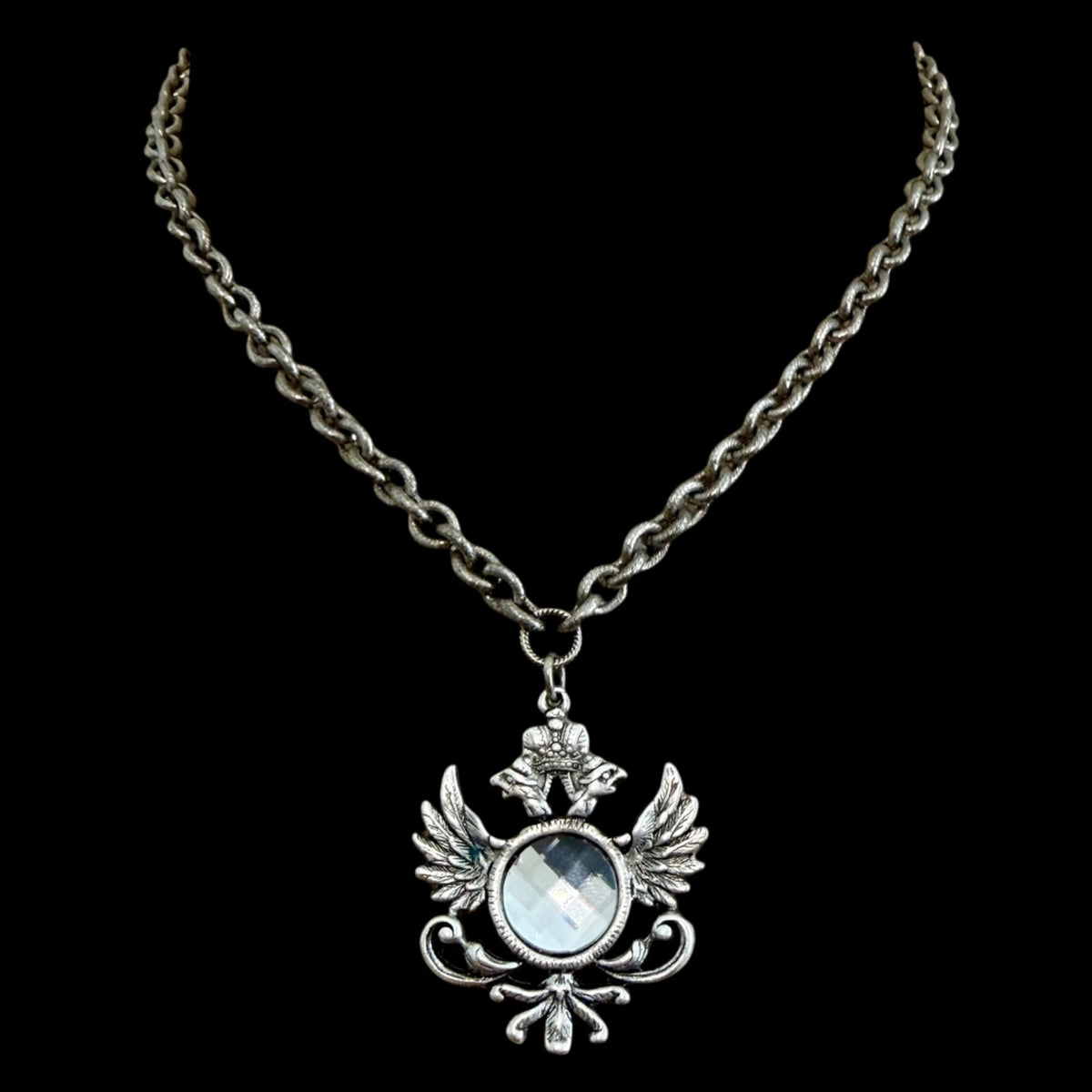 Sterling Plated 17" Chain with Repurposed Heraldic Pendant and vintage swarovski Crystal