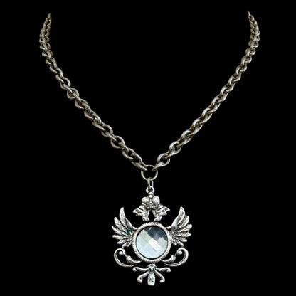 Sterling Plated 17" Chain with Repurposed Heraldic Pendant and vintage swarovski Crystal
