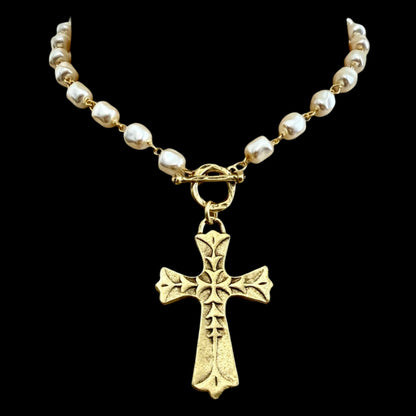 Vintage Pearl Gold Chain and Toggle with Vintage Gold Cross Pendant