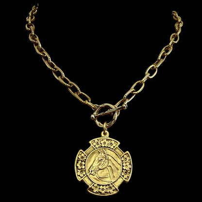 Vintage Gold 18" Chain And Toggle With Reproduction Gold Horse Flower Pendant
