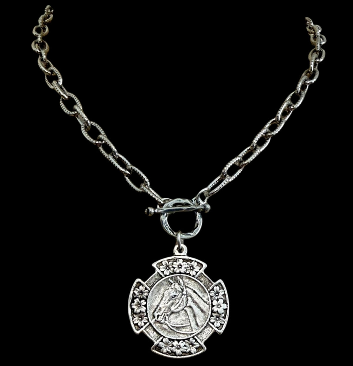 Vintage Silver 18" Chain and Toggle With Reproduction Silver Horse Flower Pendant