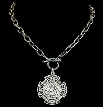 Vintage Silver 18" Chain and Toggle With Reproduction Silver Horse Flower Pendant