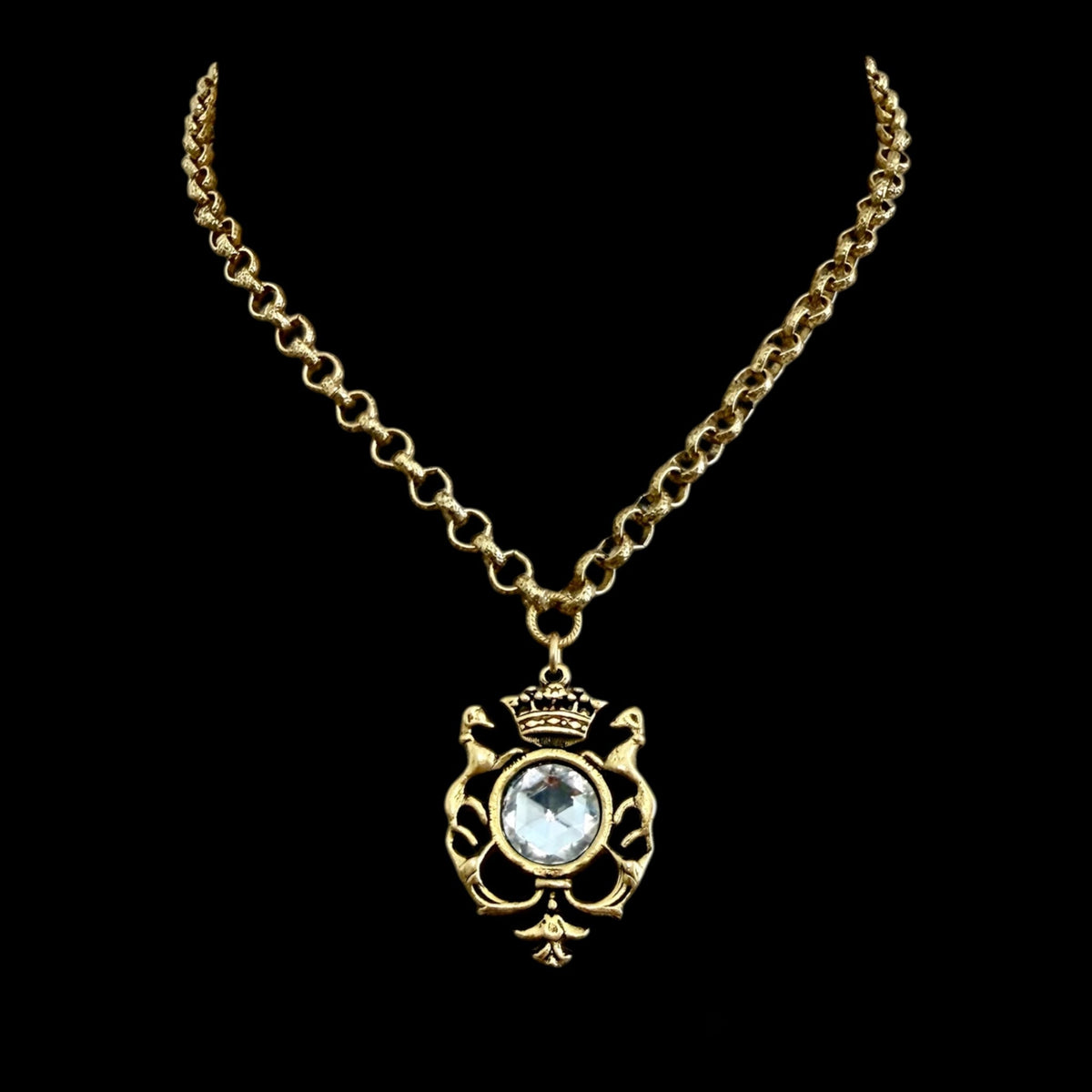 Gold plated 17" Chain with Repurposed Heraldic and vintage Swarovski crystal pendant