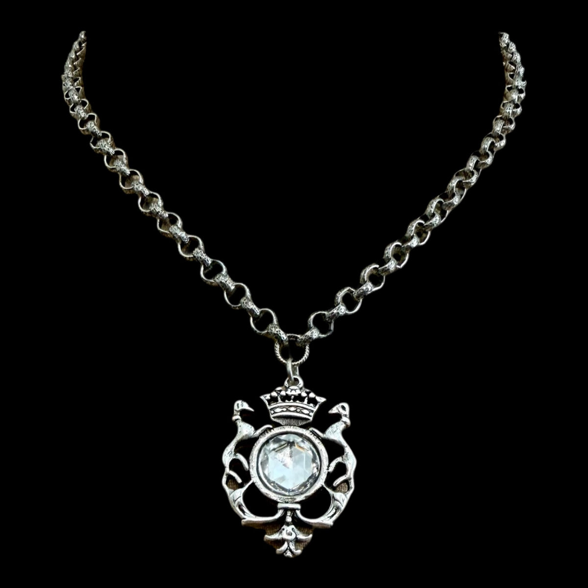Sterling plated 17" Chain with Repurposed herladic and vintage Swarovski crystal pendant