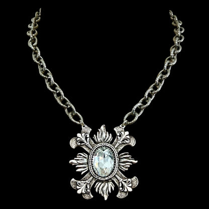 Sterling Plated 17" Chain with Repurposed Fleur de lis and Swarovski Crystal Pendant