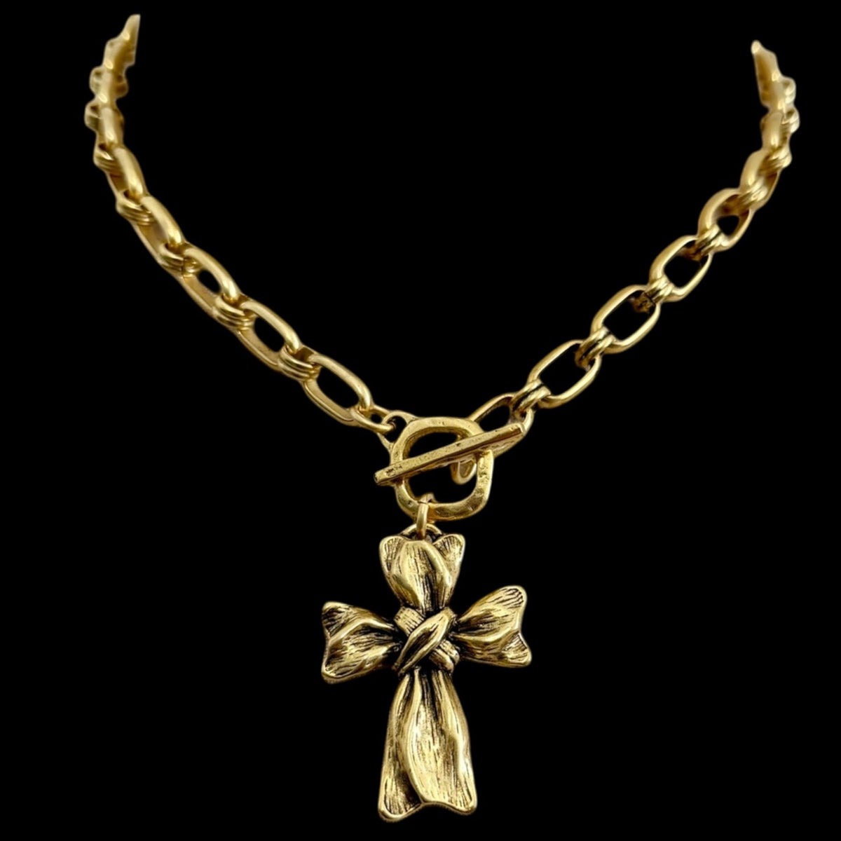 gold plated 17" Chain and toggle with Repurposed French ribbon cross pendant
