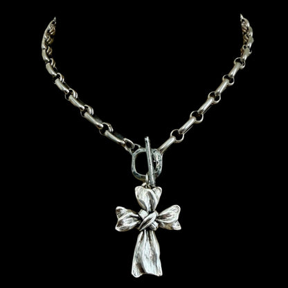 Sterling plated 17" Chain and toggle with Repurposed French ribbon cross pendant