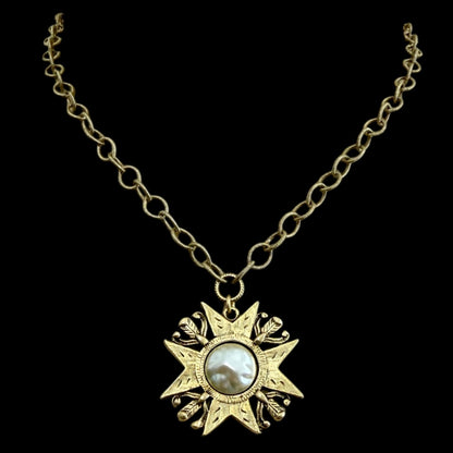 Gold Plated 17" chain with Repurposed Maltese cross and vintage faux pearl center