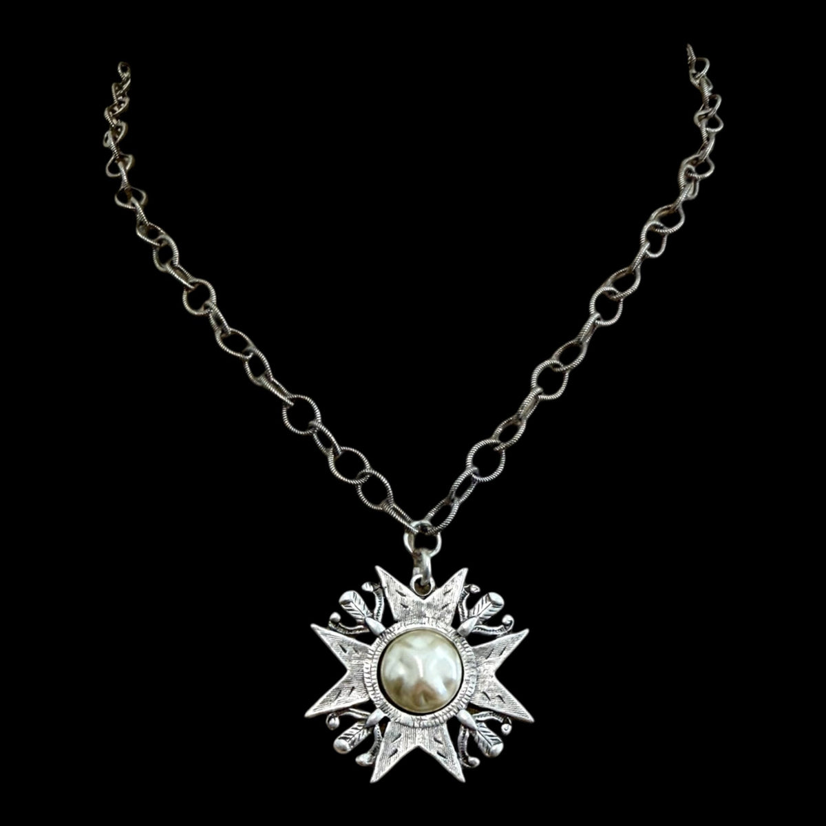 Sterling Plated 17" Chain with Repurposed maltese cross and vintage faux pearl center