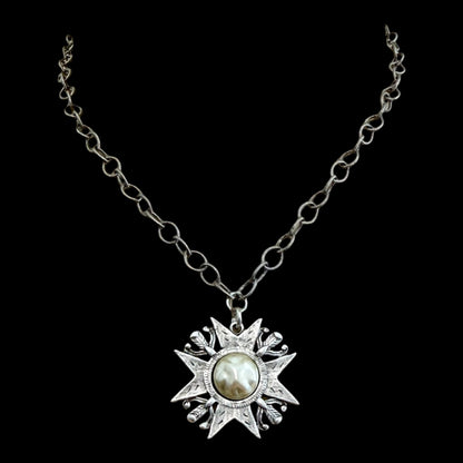 Sterling Plated 17" Chain with Repurposed maltese cross and vintage faux pearl center