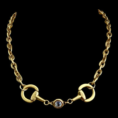 Vintage Gold Plated Reproduction Horse Bit and Crystal Necklace