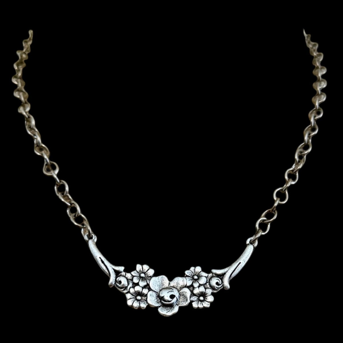 Vintage Reproduction Silver Floral Crescent Necklace