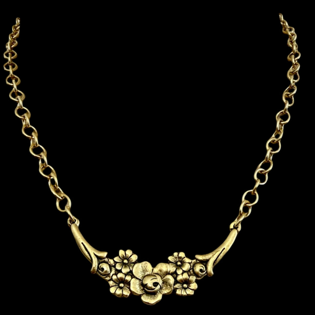 Vintage Reproduction Gold Floral Crescent Necklace
