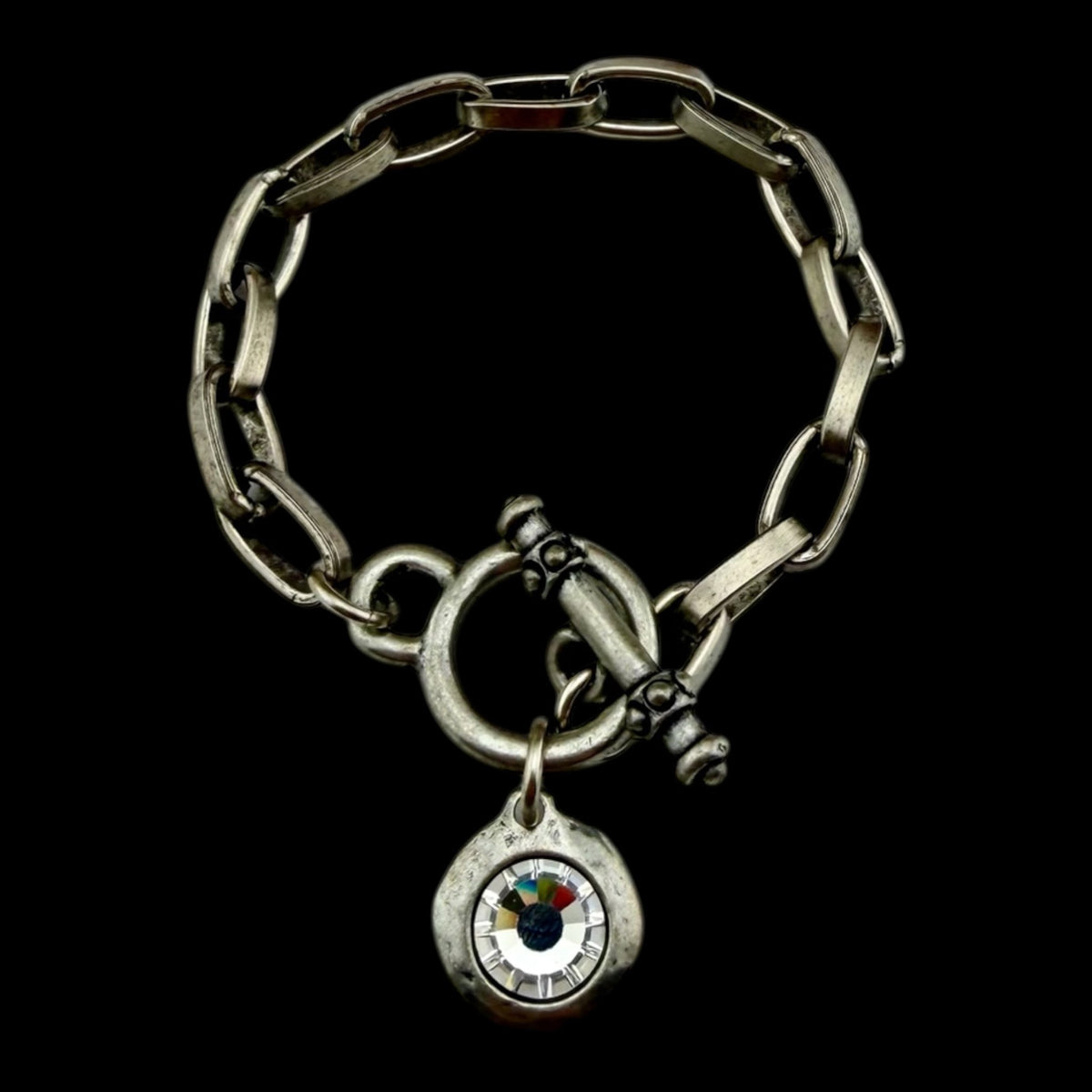 Sterling Plated Chain and Toggle Bracelet with Swarovski Crystal Charm 7.5"