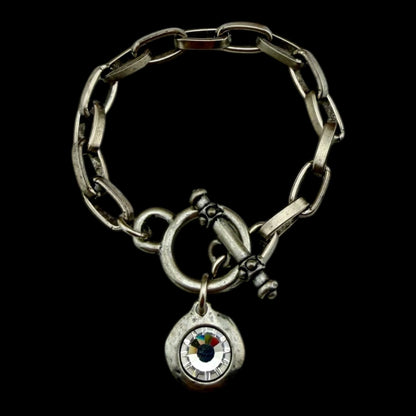 Sterling Plated Chain and Toggle Bracelet with Swarovski Crystal Charm 7.5"
