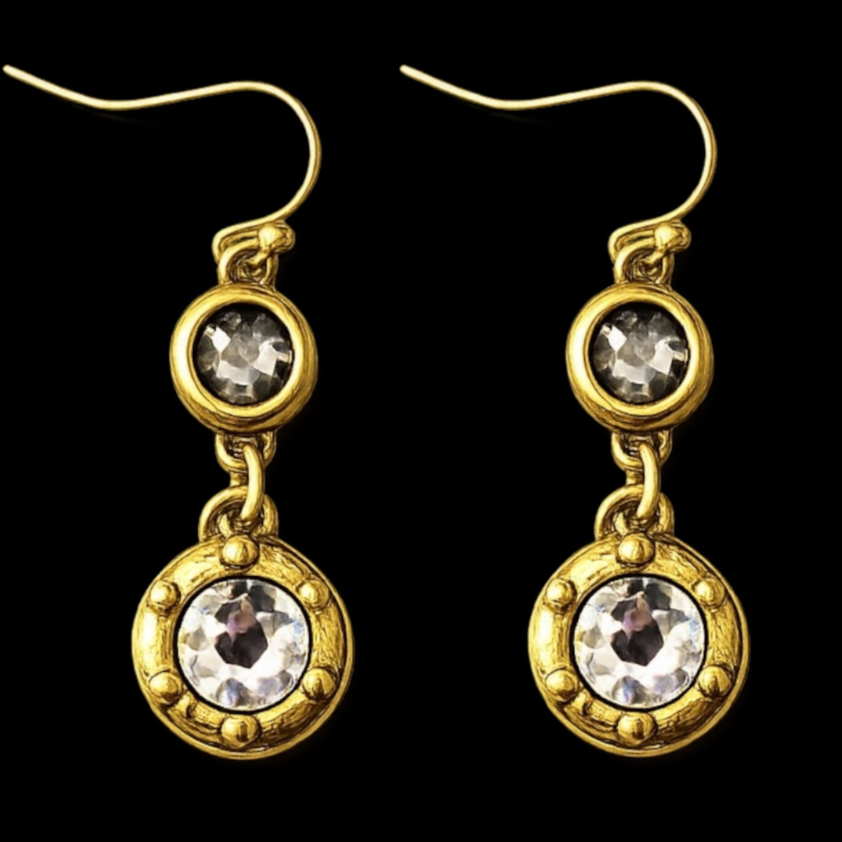 Gold Plated Double Swarovski Black Diamond and Clear Crystal Earrings