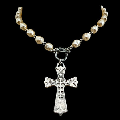 Vintage Pearl Silver Chain and Toggle with Vintage Silver Cross Pendant