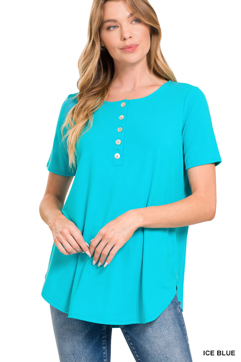 DOOR BUSTER! Short Sleeve Dolphin Hem Shell Button Top - A