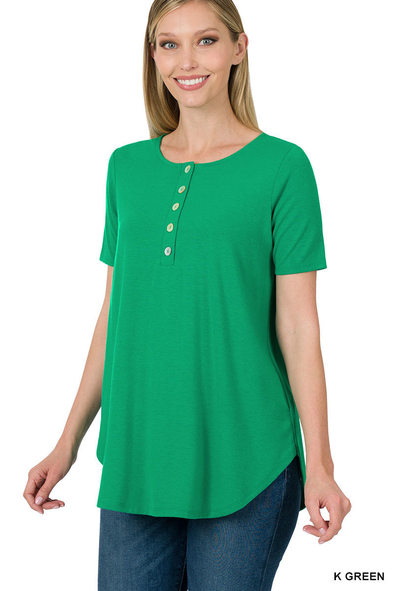 DOOR BUSTER! Short Sleeve Dolphin Hem Shell Button Top - A