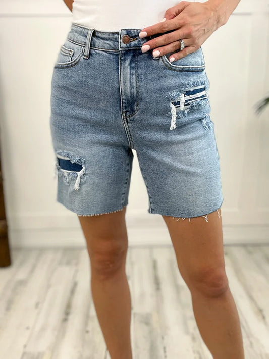 Judy Blue High Waisted Mid-Length Denim Patch Shorts